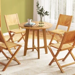 Tangkula 31.5" Patio Dining Table Round Teak Wood Dining Table W/ Slatted Tabletop Garden -Beauty house GUEST cf454802 a132 460f a06d 173560019f72