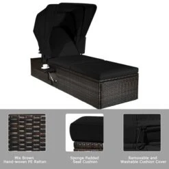 Tangkula Rattan Patio Chaise Lounge Chair W/ Adjustable Canopy Black Cushion -Beauty house GUEST d000b301 f030 4174 b960 1f856c96ab92