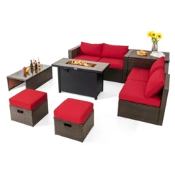 Tangkula 9 Pieces Outdoor Patio Furniture Set With 42" Propane Fire Pit Table Outdoor PE Wicker Space-Saving Sectional Sofa Set Black/Gray/Navy/Red/Turquoise/Off White -Beauty house GUEST d01c4ccd 0daa 45bd 9449 7f4838789e97