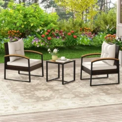 Tangkula 3PCS Patio Wicker Furniture Set PE Wicker Furniture Conversation Set W/ Acacia Wood Table -Beauty house GUEST d0692b29 a6e8 4a8b 99d3 ed11087209f1