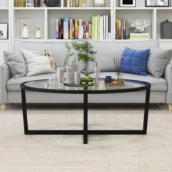 Tangkula Modern Glass Coffee Table W/ Cross Base & Acacia Wood Legs For Small Spaces -Beauty house GUEST d08f0ce6 4467 45da b45e c9041ae08d19