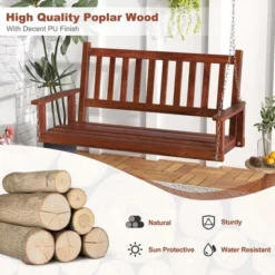 Tangkula Wooden Porch Swing 2-Person Hanging Swing Chair W/ Adjustable Galvanized Metal Chains -Beauty house GUEST d15beee0 eb4a 4dca b464 31209244f152