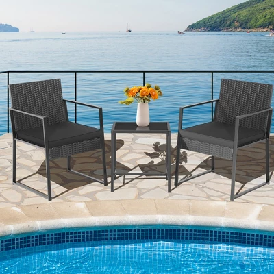 Tangkula 3PCS Patio Rattan PE Wicker Bistro Set Outdoor Furniture Set W/ Table & Cushion 3 Tangkula 3PCS Patio Rattan PE Wicker Bistro Set Outdoor Furniture Set W/ Table & Cushion