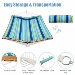 Tangkula Portable Hammock W/ Spreader Bars & Detachable Pillow Quick Dry & Water Proof Material Woven Cotton Rope Blue + Green/Light Blue + Yellow -Beauty house GUEST d2898837 2b39 41dc a3b8 a0d475ce672a