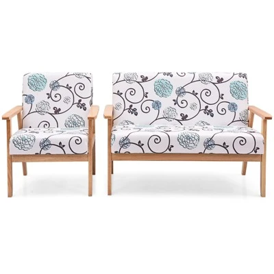 Tangkula 2 Piece Loveseat And Single Sofa Set Fabric Upholstered Couch & Accent Armchair White+Blue/Blue/Yellow Floral 7 Tangkula 2 Piece Loveseat And Single Sofa Set Fabric Upholstered Couch & Accent Armchair White+Blue/Blue/Yellow Floral - Image 5