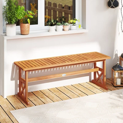 Tangkula 2 PCS 51 Inches Acacia Wood Outdoor Bench W/ Slatted Seat & X-Shaped Frame 4 Tangkula 2 PCS 51 Inches Acacia Wood Outdoor Bench W/ Slatted Seat & X-Shaped Frame - Image 2