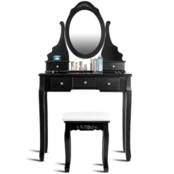 Tangkula Oval Vanity Mirror Dressing Table Beauty Dresser Cosmetics Organizer W/ Cushioned Bench -Beauty house GUEST d2f6d6c2 f820 4238 85e0 f5804292a686
