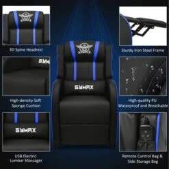 Tangkula PU Leather Gaming Recliner Chair Single Massage Lounge Sofa W/ Lumbar Cushion Blue -Beauty house GUEST d4ccb134 4e81 4918 adb2 9ef2e8c7dc3c