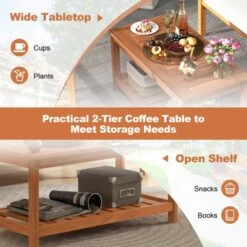 Tangkula Patio Hardwood Coffee Table 2-Tier Wooden Coffee Table With Slatted Tabletop & Storage Shelf Outdoor Rectangular Cocktail Table -Beauty house GUEST d4d77c49 0dd6 43e0 91bf 676fcdf7c6f9
