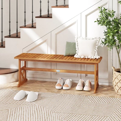 Tangkula 2 PCS 51 Inches Acacia Wood Outdoor Bench W/ Slatted Seat & X-Shaped Frame 5 Tangkula 2 PCS 51 Inches Acacia Wood Outdoor Bench W/ Slatted Seat & X-Shaped Frame - Image 3