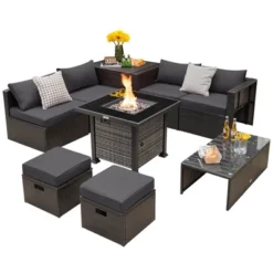Tangkula 9 Pieces Furniture Set W/ 50,000 BTU Propane Fire Pit Table Patio Gray -Beauty house GUEST d5dad0f8 73ed 45bc aba7 ae20add4da62
