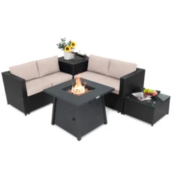 Tangkula 5-Piece Outdoor Patio Furniture Set With 50,000 BTU Propane Fire Pit Table Patio Conversation Set W/ Cushions, Storage Box, Coffee Table -Beauty house GUEST d5ebe9ae 0687 436e 8a47 c4e7eb7312f9