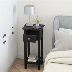 Tangkula 2 Tier End Bedside Sofa Side Table With Drawer Shelf Acacia Wood Nightstand Black