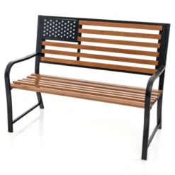 Tangkula 50” Outdoor Garden Bench 2-Person Metal Patio Chair With Flag Pattern Backrest & Rustic Wood Grain Finish -Beauty house GUEST d7d65d45 b678 4582 8c9d 63e1562dbef6
