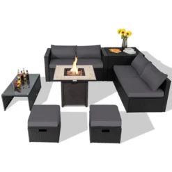 Tangkula 9 Pieces Outdoor PE Rattan Wicker Sectional Sofa With 42" Gas Fire Pit Table Space-Saving Patio Conversation Set With Storage Box Black/Grey/Navy/Red/Turquoise/Off White -Beauty house GUEST d86c6f1f 544b 4ff1 92bc 1b441185d73b