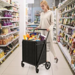 Tangkula Folding Shopping Cart Jumbo Upgraded Utility Grocery Cart W/ Waterproof Liner