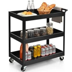 Tangkula 3-Tier Rolling Cart Storage Organizer Metal Utility Cart W/Wheels For Kitchen Library Office Black -Beauty house GUEST d917e12f c82b 41fe 8809 b0fa74b8c1fd