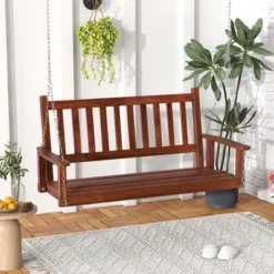 Tangkula Wooden Porch Swing 2-Person Hanging Swing Chair W/ Adjustable Galvanized Metal Chains