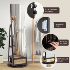 Tangkula 360° Swivel Jewelry Cabinet W/ Mirror Jewelry Storage Organizer Built-in Lights Dark Brown -Beauty house GUEST d9569cbd 6c63 4511 b886 96fee9173a54