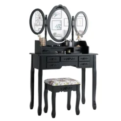Tangkula Tri-Folding Mirror Vanity Makeup Set Dressing Table & Stool Unit W/ 7 Drawer -Beauty house GUEST da34f162 ab63 4dea 9258 3967d38f0f26