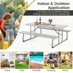 Tangkula Folding Picnic Table W/ 2 Benches 6 FT Camping Table Set W/ All-Weather HDPE Tabletop Grey -Beauty house GUEST da6aa702 d96f 4b37 a822 051dbeb42382