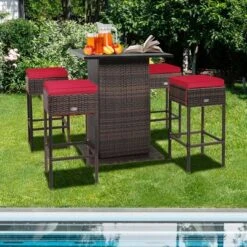 Tangkula Tangkula 5PCS Patio Bar Set Rattan Bar Furniture Set W/ Table & 4 Cushioned Stools Red -Beauty house GUEST da9e3197 e797 4e5f b573 1c8b5f23c697