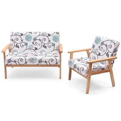 Tangkula 2 Piece Loveseat And Single Sofa Set Fabric Upholstered Couch & Accent Armchair White+Blue/Blue/Yellow Floral 5 Tangkula 2 Piece Loveseat And Single Sofa Set Fabric Upholstered Couch & Accent Armchair White+Blue/Blue/Yellow Floral - Image 3