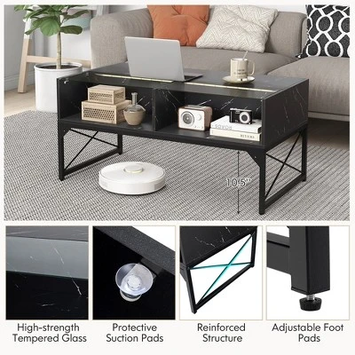 Tangkula High-gloss LED Coffee Table W/ Faux Marble & Tempered Glass Top 4 Storage Cubes 9 Tangkula High-gloss LED Coffee Table W/ Faux Marble & Tempered Glass Top 4 Storage Cubes - Image 7