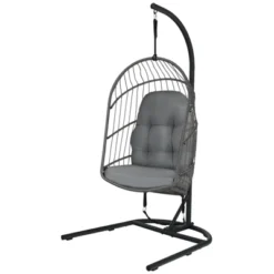 Tangkula Modern Rattan Hanging Egg Swing Chair W/Stand Foldable Cushioned Hammock Gray/Beige -Beauty house GUEST df19a837 4238 4816 a640 e2bf50ae00c7