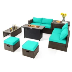 Tangkula 9 Pieces Outdoor Patio Furniture Set With 42" Propane Fire Pit Table Outdoor PE Wicker Space-Saving Sectional Sofa Set Black/Gray/Navy/Red/Turquoise/Off White -Beauty house GUEST dfb01885 390c 4596 8a7b c70a33cda591