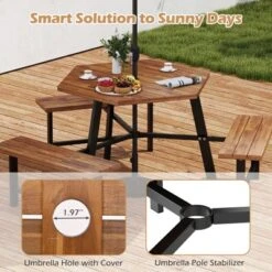 Tangkula 6 Person Acacia Wood Picnic Table Bench Set W/3 Seats Umbrella Hole Metal Frame -Beauty house GUEST e01e4304 d060 43f0 8f7f f06538a94f25