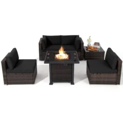 Tangkula 6 Piece Patio Wicker Conversation Set, Outdoor Rattan Sofa Set W/ 32" Propane Fire Pit Table, 50,000 BTU Heat, Tempered Glass Tabletop Black/Navy Blue/Red/Turquoise/Off White -Beauty house GUEST e07c22ca 7753 4739 97a6 82eca92210ba