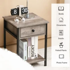 Tangkula Industrial End Side Table Nightstand With Drawer Shelf Rustic Grey Oak -Beauty house GUEST e0900437 0335 4117 a2e2 fdc76ea5c799