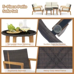 Tangkula 5 Piece Rattan Furniture Set W/ Wicker Woven Sofa Set & Solid Acacia Wood Frame