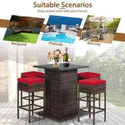 Tangkula Tangkula 5PCS Patio Bar Set Rattan Bar Furniture Set W/ Table & 4 Cushioned Stools Red -Beauty house GUEST e1eb4cc4 fd1b 4e79 a1a2 5b90143f1b4a