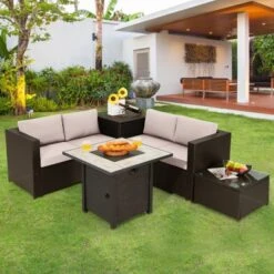 Tangkula 5-Piece Patio Furniture Set With 30 Inches Gas Fire Pit Table Outdoor PE Wicker Sectional Sofa Set With Cushions Red/Beige/Navy/Turquoise