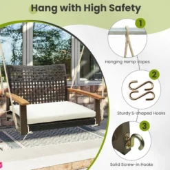 Tangkula Rattan Porch Swing Patio Wicker Single Hanging Seat W/ Seat Cushion & Acacia Wood Armrests -Beauty house GUEST e2faa617 18e6 4c49 8680 2907cf97e7c6