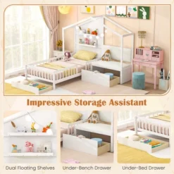 Tangkula Twin Size House Bed Kids Platform Bed W/ Padded Bench & Floating Shelves -Beauty house GUEST e3019438 d76b 4d0c 8ddc bfd0b15c14fe