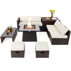 Tangkula 9 Pieces Outdoor Patio Furniture Set With 35" Propane Fire Pit Table Wicker Sectional Sofa Set W/ Storage Box Black/Gray/Navy/Red/Turquoise/Off White -Beauty house GUEST e3572b05 ff5d 4318 a9ef ae07c9b56249
