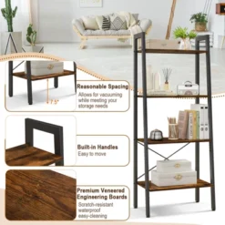 Tangkula 4-Tier Ladder Bookshelf Industrial Wooden Bookcase With Metal Frame Anti-Toppling Device Rack Rustic Brown/Gray Oak -Beauty house GUEST e40d9d89 d9be 44e8 88bd 41b238c036dc
