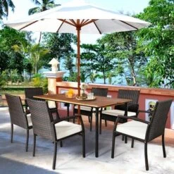 Tangkula 7PCS Patio Dining Furniture Set W/ Wooden Tabletop Cushion Umbrella Hole -Beauty house GUEST e413a224 edff 4bf7 b062 98f8084968c0