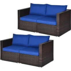 Tangkula 4PCS Rattan Corner Sofa Set Patio Outdoor Furniture Set W/ Navy Cushions -Beauty house GUEST e498eb53 1be3 4988 bd29 a06d4cbf26f1