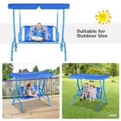 Tangkula Kids Patio Porch Bench Swing W/ Safety Belt Canopy Outdoor Furniture Blue -Beauty house GUEST e4b0a5e2 12a5 4663 8651 edd2a043fd9d