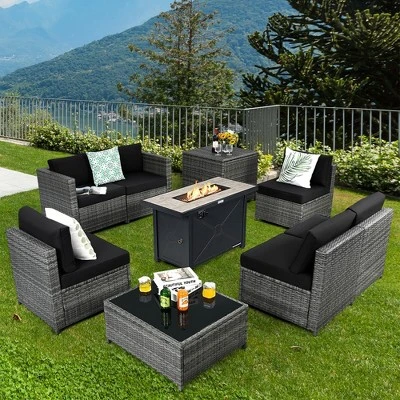Tangkula 9 PCS Patio Rattan Furniture Set Fire Pit Table Storage Black W/ Cover 3 Tangkula 9 PCS Patio Rattan Furniture Set Fire Pit Table Storage Black W/ Cover