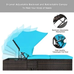 Tangkula Rattan Patio Chaise Lounge Chair W/ Adjustable Canopy Turquoise Cushion -Beauty house GUEST e59292fc 56be 4126 991b d46c3d1b5bd8