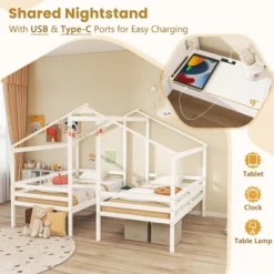 Tangkula Double Twin Size Bed Frames For Kids With Built-in Table & USB Port Guardrails -Beauty house GUEST e5fc81d1 ee2b 47f3 bd79 f4173d5a5193