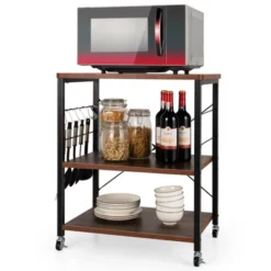 Tangkula Kitchen Baker's Rack 3-Tier Microwave Cart With Wheels&10 Hooks Rustic Brown/Maple/Vintage/Nut Brown -Beauty house GUEST e62eee9c dc8b 425c 8851 363656cd5883