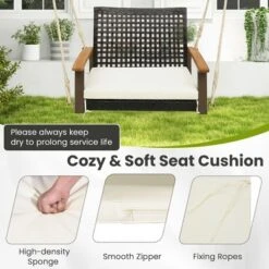 Tangkula Rattan Porch Swing Patio Wicker Single Hanging Seat W/ Seat Cushion & Acacia Wood Armrests -Beauty house GUEST e63a7f85 1fa5 4bf2 bdaf 0a7853d17d3a