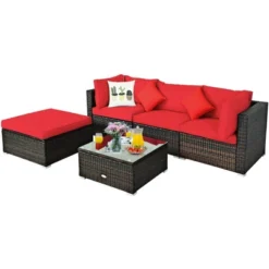 Tangkula 5PCS Rattan Sectional Sofa Set Patio Furniture Set W/ Red Cushion Pillow -Beauty house GUEST e65b404a 902f 4f63 bca8 3c2b9dead3ab