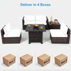 Tangkula 6 Piece Patio Wicker Conversation Set, Outdoor Rattan Sofa Set W/ 32" Propane Fire Pit Table, 50,000 BTU Heat, Tempered Glass Tabletop Black/Navy Blue/Red/Turquoise/Off White -Beauty house GUEST e68af926 aec6 41cc 8e3e 6e2954d1d748